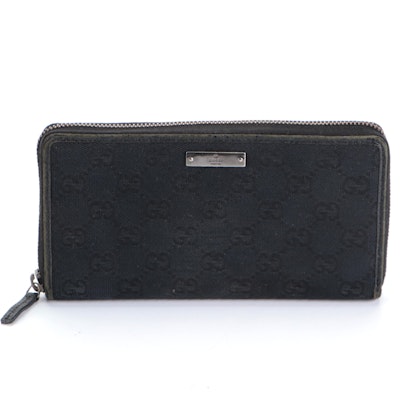 Gucci Zip-Around Long Wallet in Black GG Canvas and Black Cinghiale Leather