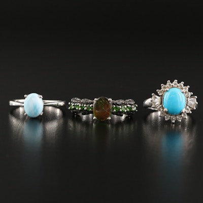 Sterling Rings Including Ammolite Doublet, Larimar and Diopside