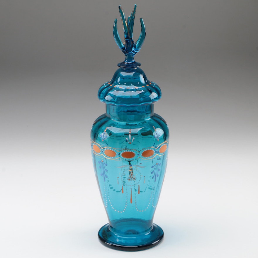 Moser Gilt and Enameled Blue Glass Lidded Urn, Late 19th/Early 20th C.