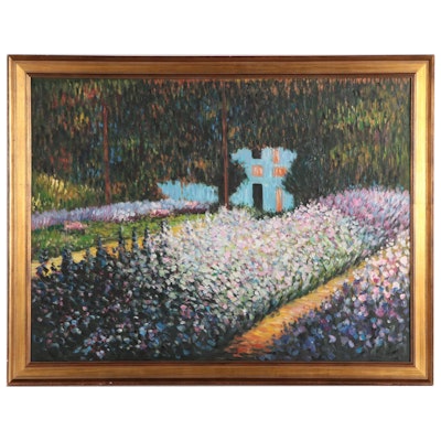 Garden Landscape Oil Painting After Claude Monet, Circa 2000