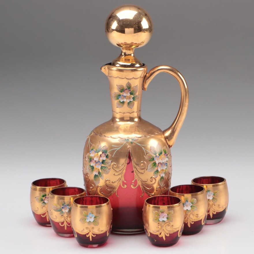 Bohemian Gilt and Floral Enameled Cranberry Glass Decanter Set