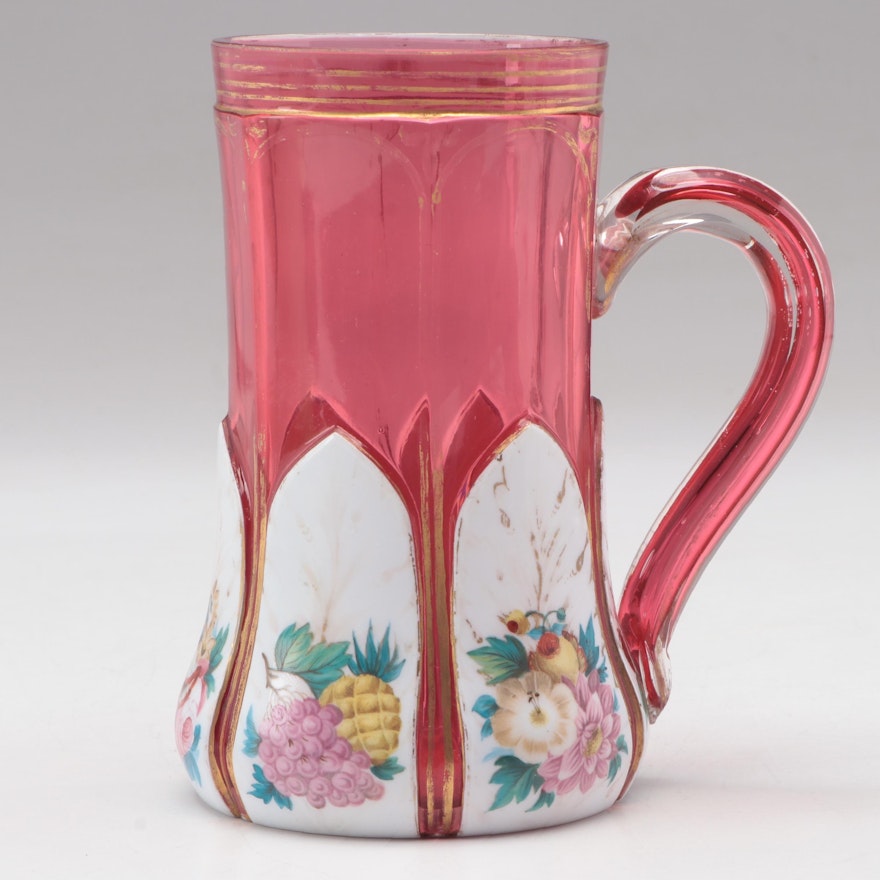 Moser Clear Cut to Cranberry Glass Tankard with Painted Floral and Fruit Motif