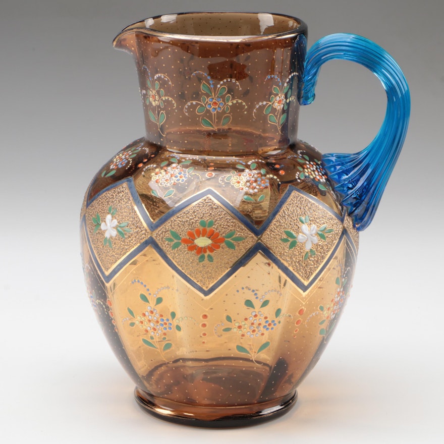 Moser Gilt Encrusted and Enameled Amber Glass Pitcher with Applied Handle