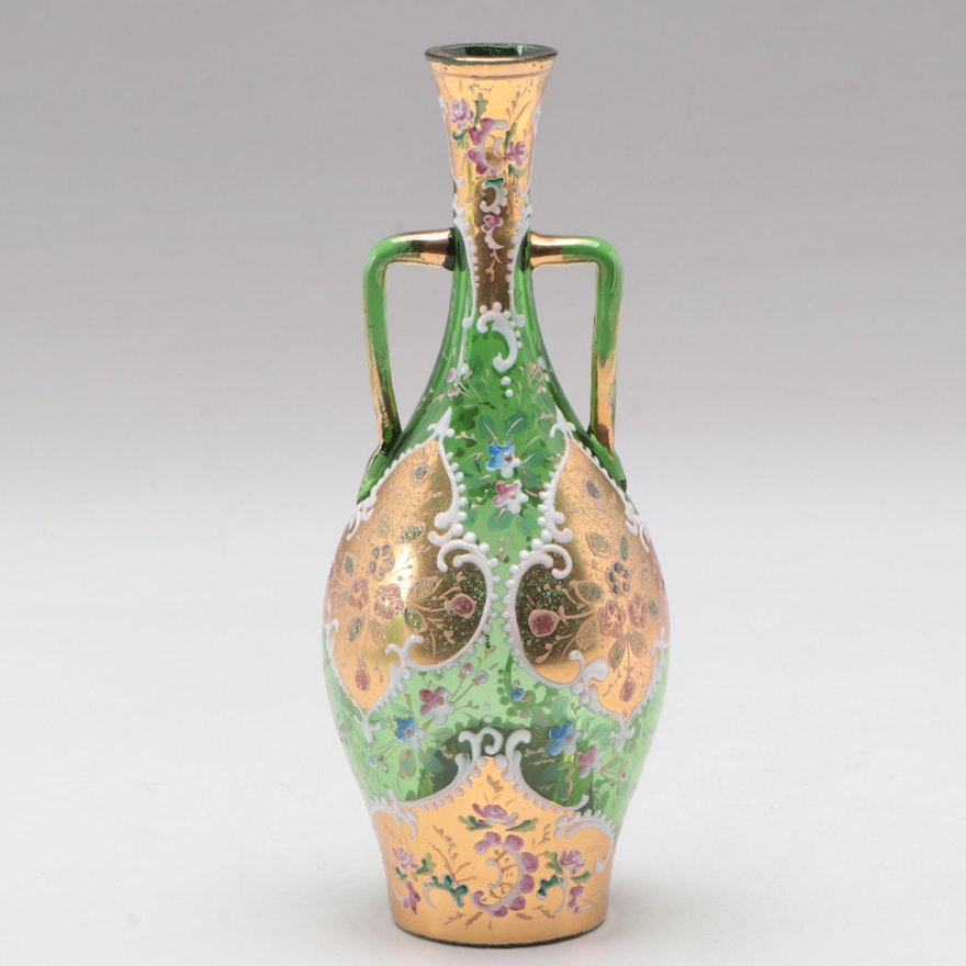 Moser Gilt and Enameled Floral Motif Green Art Glass Amphora Vase, Late 19th C.