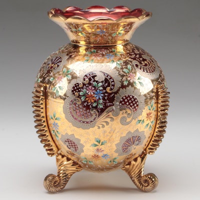 Moser Gilt and Enamel Cranberry Glass Vase with Crimped Rigaree and Scroll Feet