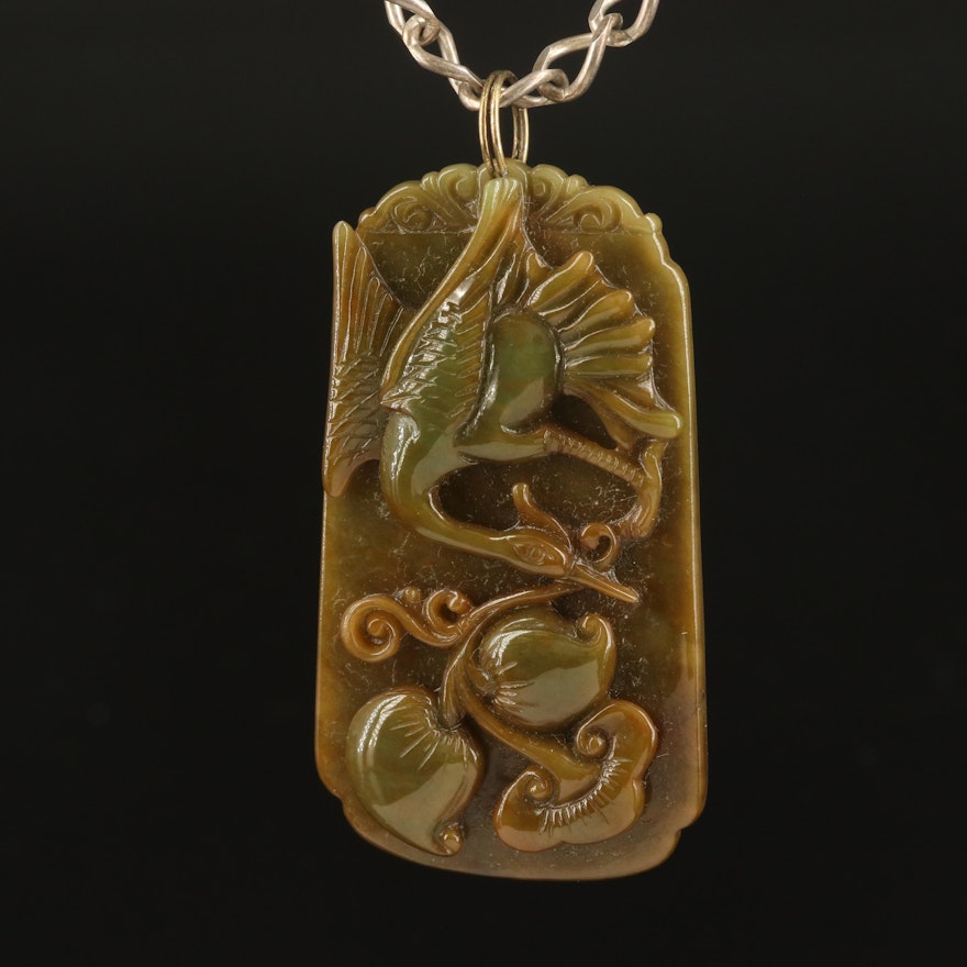 Sterling Carved Jadeite Crane Necklace
