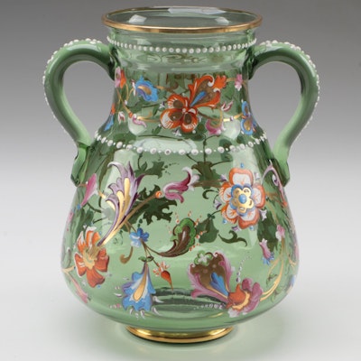 Moser Enameled Floral Motif Green Glass Handled Vase, Late 19th/Early 20th C.