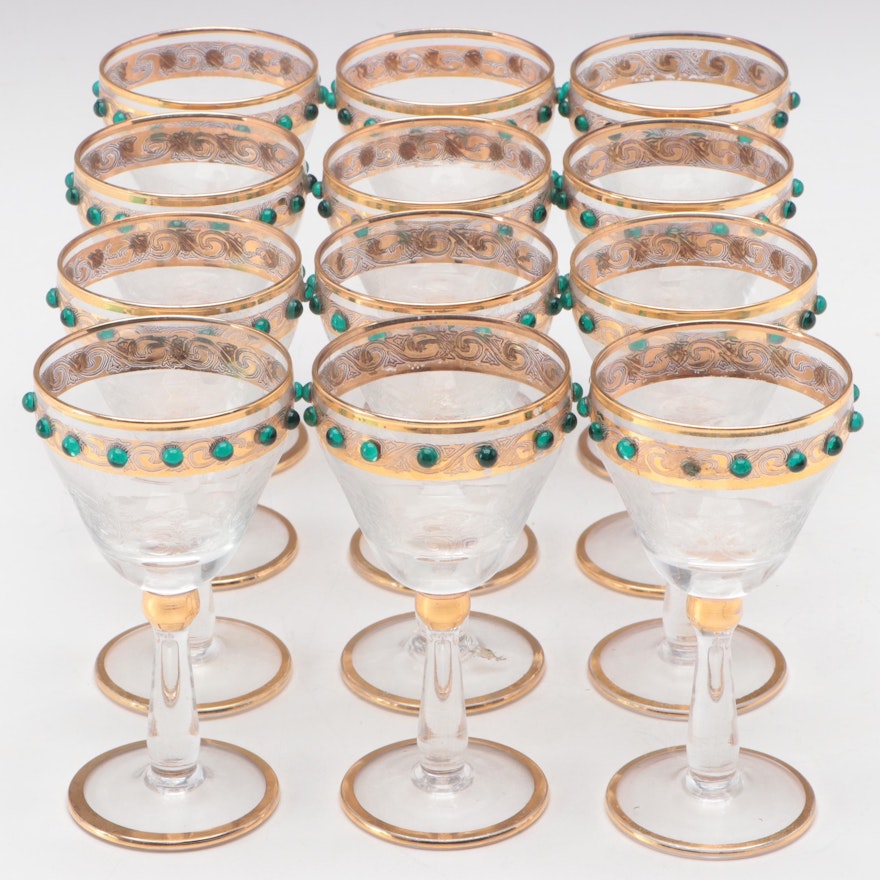 Moser Gilt and Green Jeweled Etched Wine Glasses, Late 19th/Early 20th Century