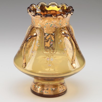 Moser Gilt and Enameled Amber Glass Vase with Applied Handles, circa 1911–1938