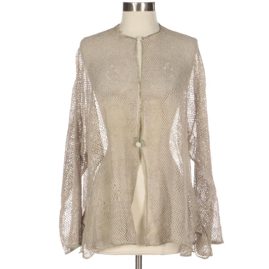Chinese Mesh Crochet Jacket with Silk Trim and Shell Buttons