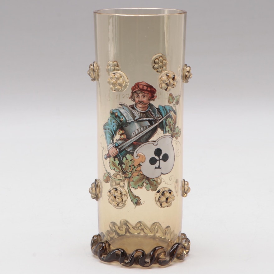 Moser Enameled Glass Vase with Rigaree Base and Applied Prunts, 1894