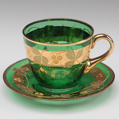 Moser Gilt and Enamel Vine Motif Emerald Glass Teacup and Saucer