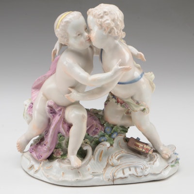 Meissen Style Hand-Painted Porcelain Figure of Cherubs Embracing, 19th Century