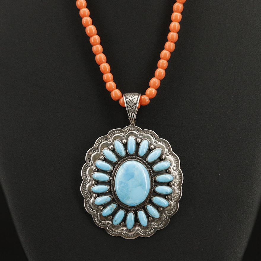 Sterling Imitation Turquoise and Coral Pendant Necklace