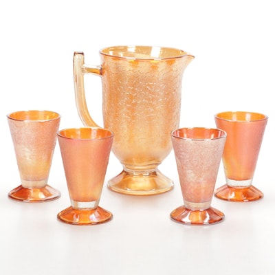 Jeannette Glass Co. "Marigold Crackle" Carnival Glass Tumblers and Pitcher