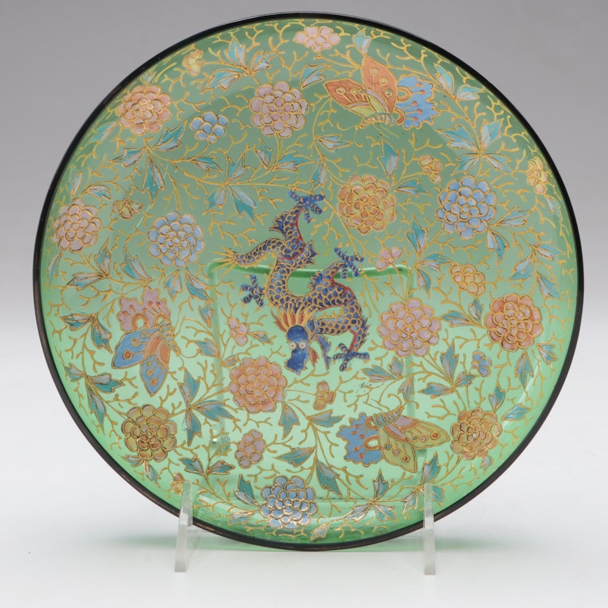 Moser Gilt and Enamel Decorated Glass Plate with Floral and Dragon Motif