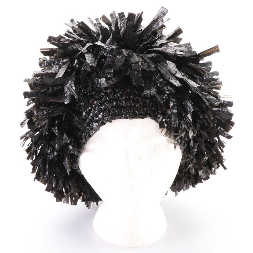 Woven Cellophane Straw Cloche Hat in Black