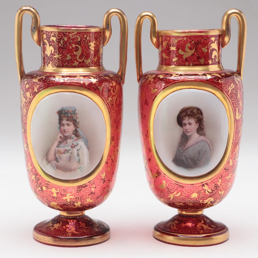 Moser Gilt Cranberry Glass Amphora Portrait Vases, Late 19th/ Early 20th C.