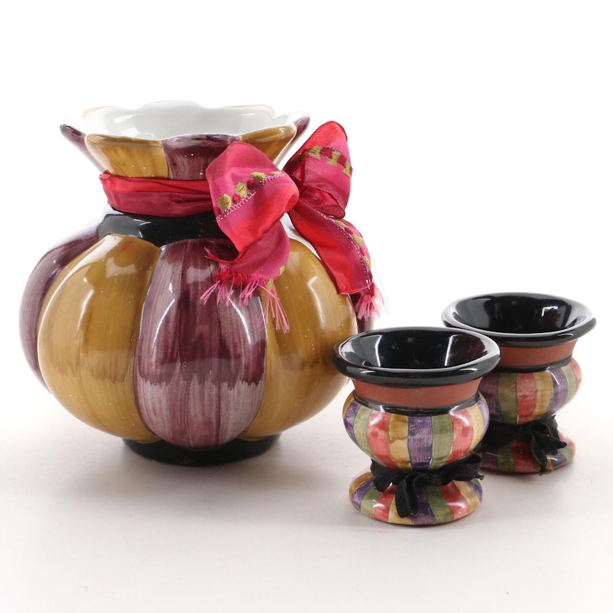 MacKenzie-Childs Hand-Painted Ceramic Vase and Candle Holders