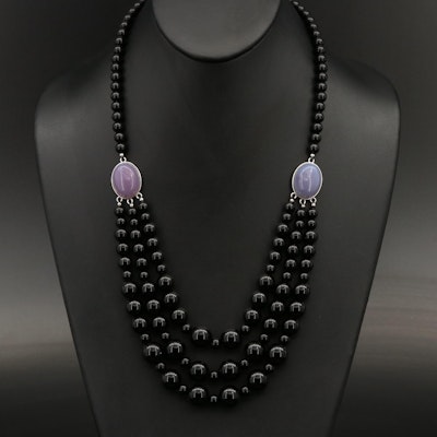 Sterling Black Onyx and Chalcedony Bib Necklace