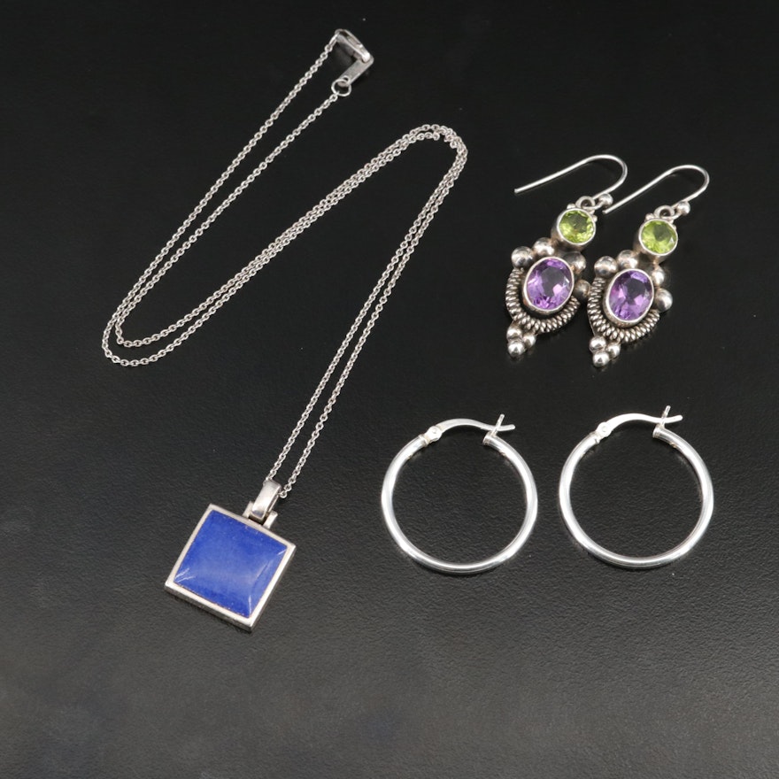 Sterling Necklace and Earrings Including Amethyst, Peridot and Faux Lapis Lazuli