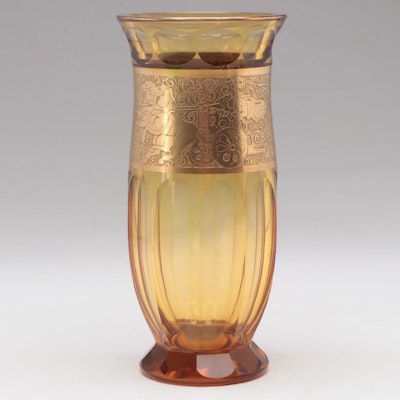 Moser Faceted Cut Amber Crystal Vase With Warrior Cameo Frieze, 20th Century