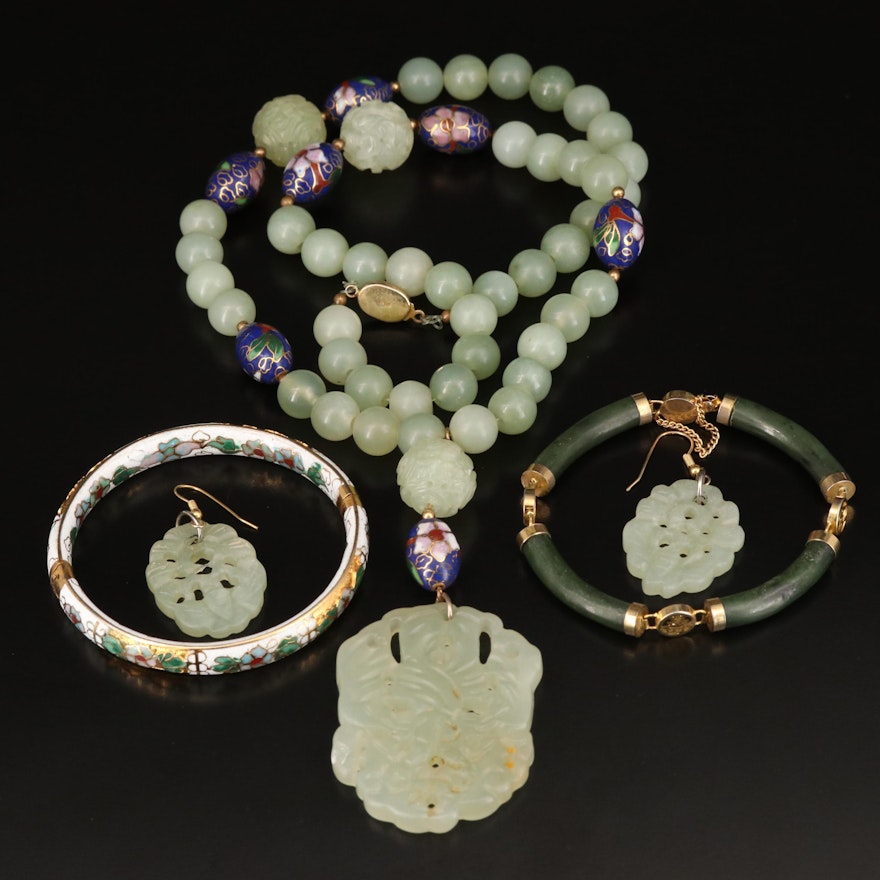 Asian Style Jewelry Featuring Serpentine, Nephrite and Enamel
