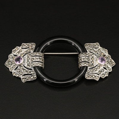 Vintage Style Sterling Black Onyx, Marcasite and Amethyst Brooch