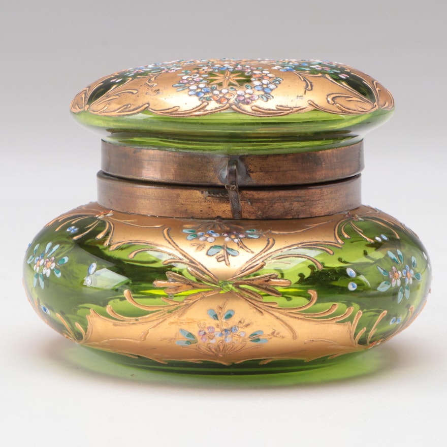 Bohemian Green Enameled Glass and Brass Dresser Box, Late 19th/ Early 20th C.