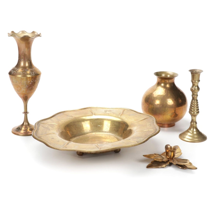 Indian Brass Candlesticks, Vases and Centerpiece Bowl