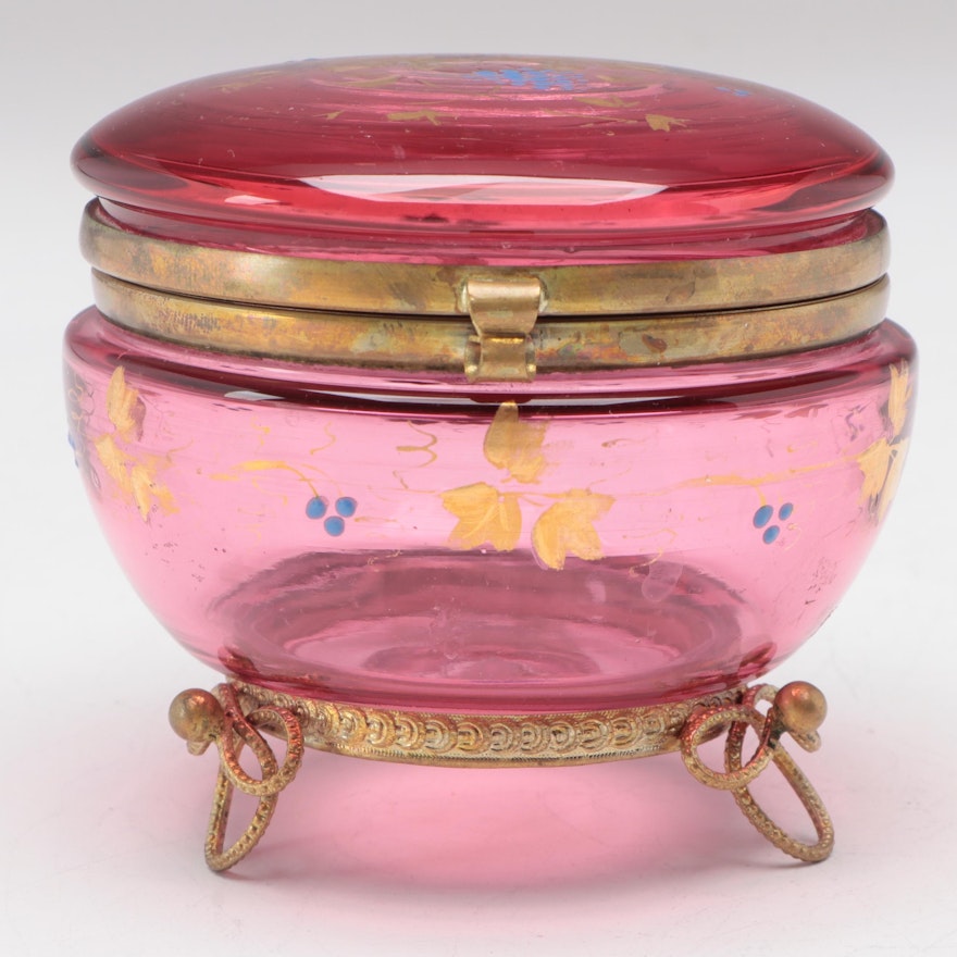 Moser Hand-Painted Enameled Cranberry Glass and Brass Footed Dresser Box