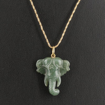 18K Carved Jadeite Elephant Head Pendant on 14K Wheat Chain