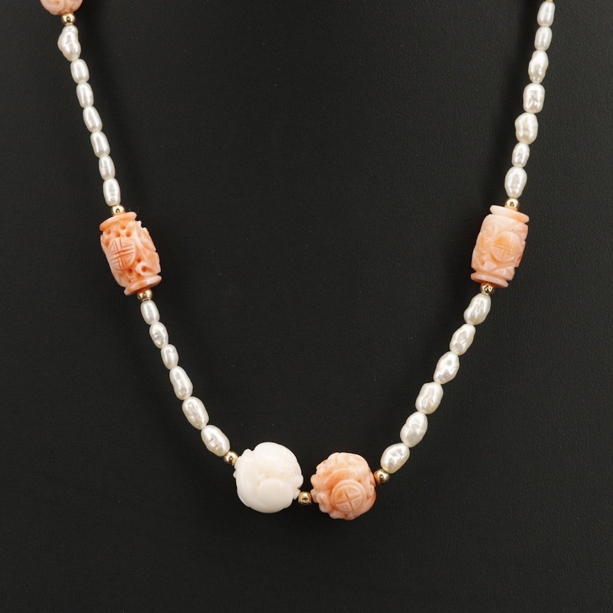 14K Carved Coral Bead and Pearl Station Necklace