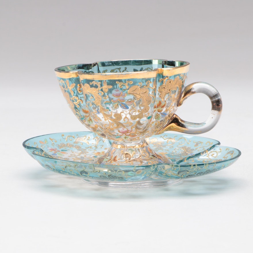 Moser Gilt and Enamel Decorated Blue Ombré Glass Teacup and Saucer