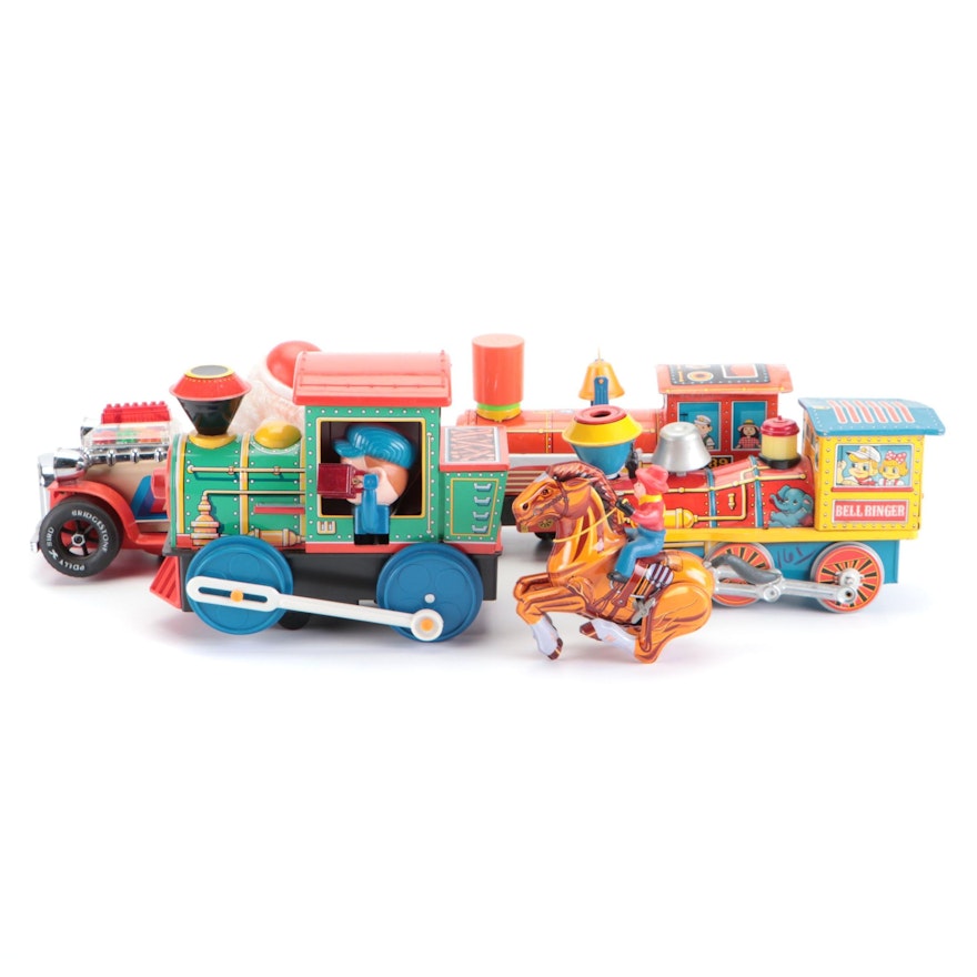Battery Operated Tin Litho Train Toys and Car with Wind Up Tin Litho Horse