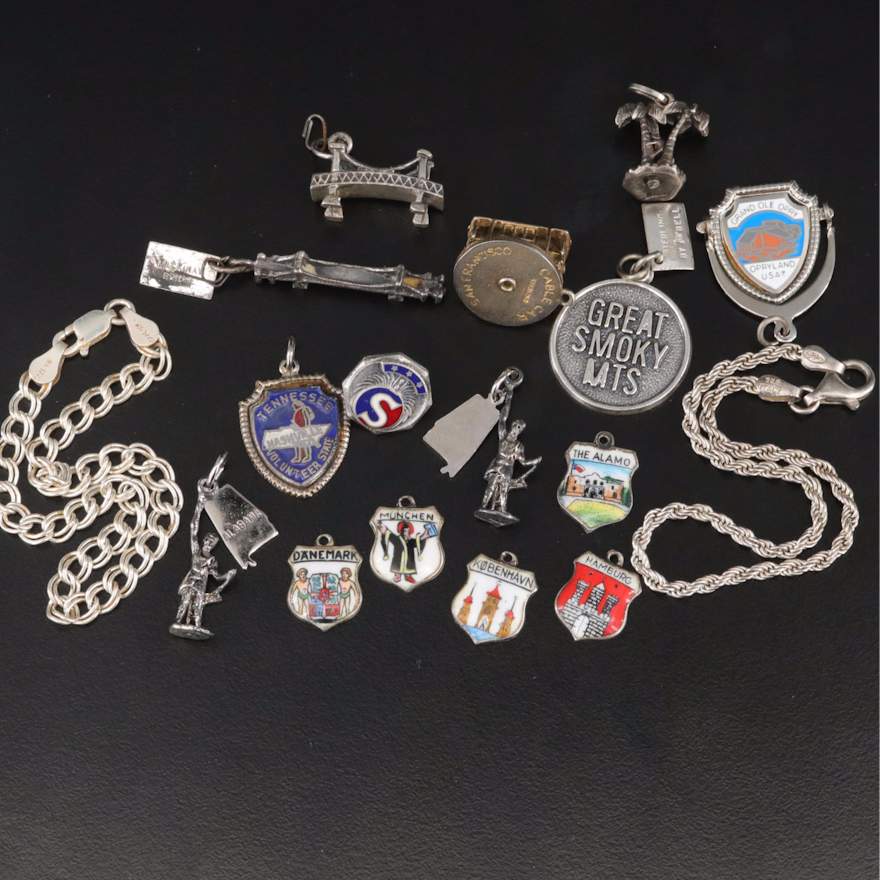 Sterling and 800 Silver Travel Theme Charms and Bracelets with Enamel Accents