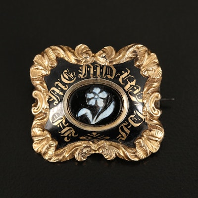 Victorian "In Memory of" Mourning Brooch with Enameling and Woven Hair