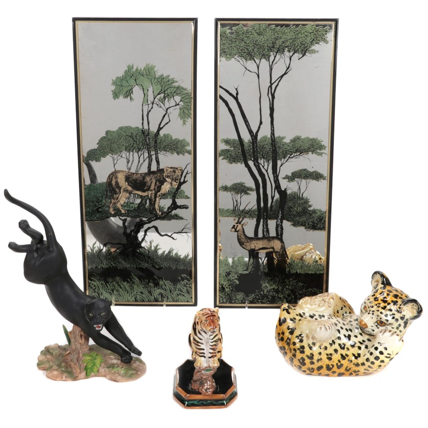 Three Hand-Painted Ceramic and Porcelain Big Cat Figurines and Mirrors