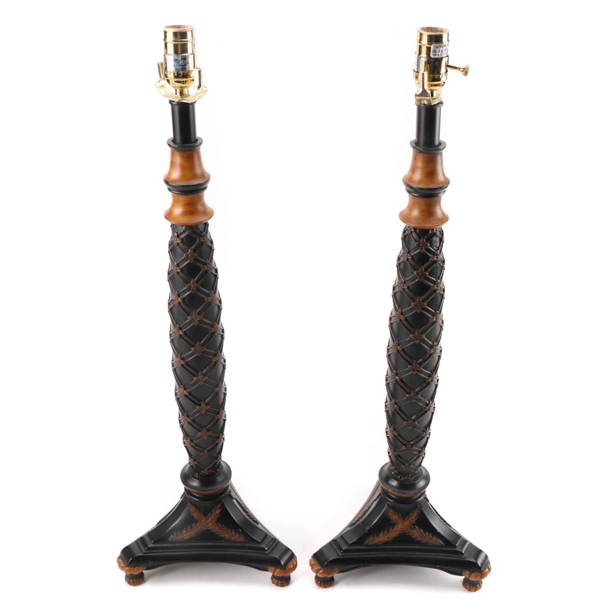 Pair of Ebony and Wood Finish Composite Table Lamps