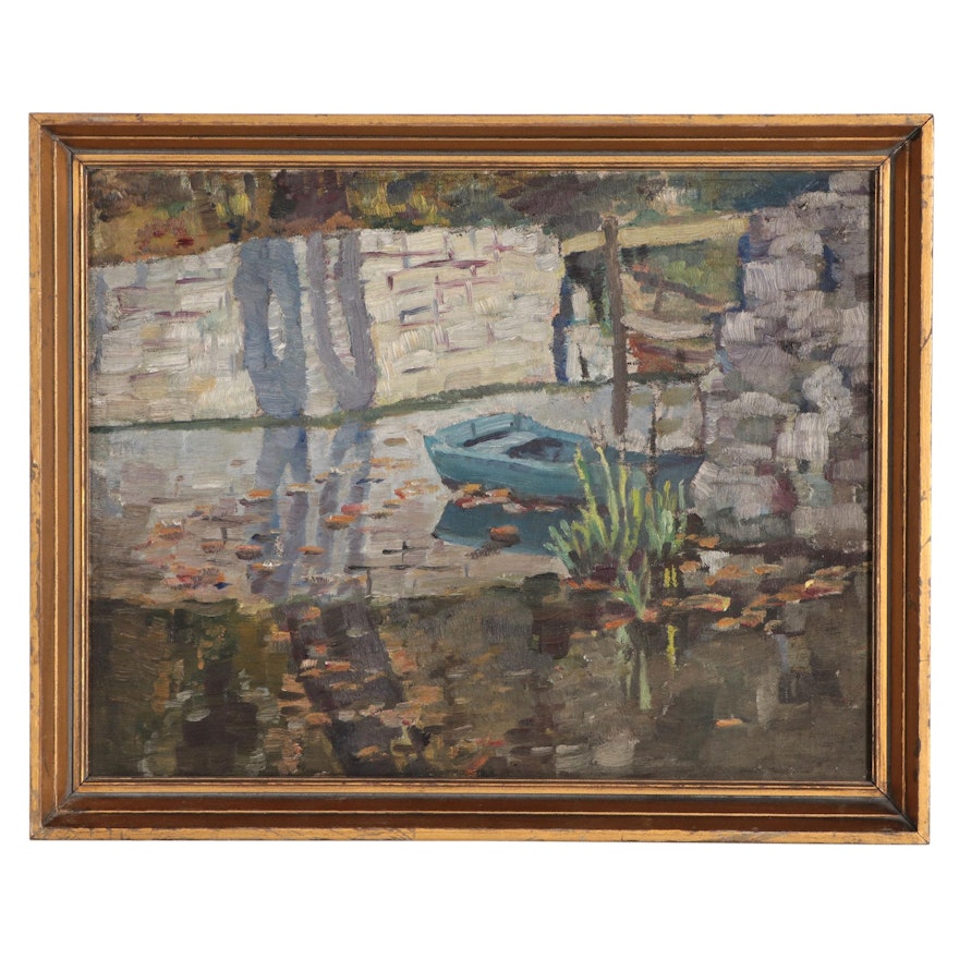 Oil Painting Attributed to Anges A. Abbott of Rowboat, Mid to Late 20th Century