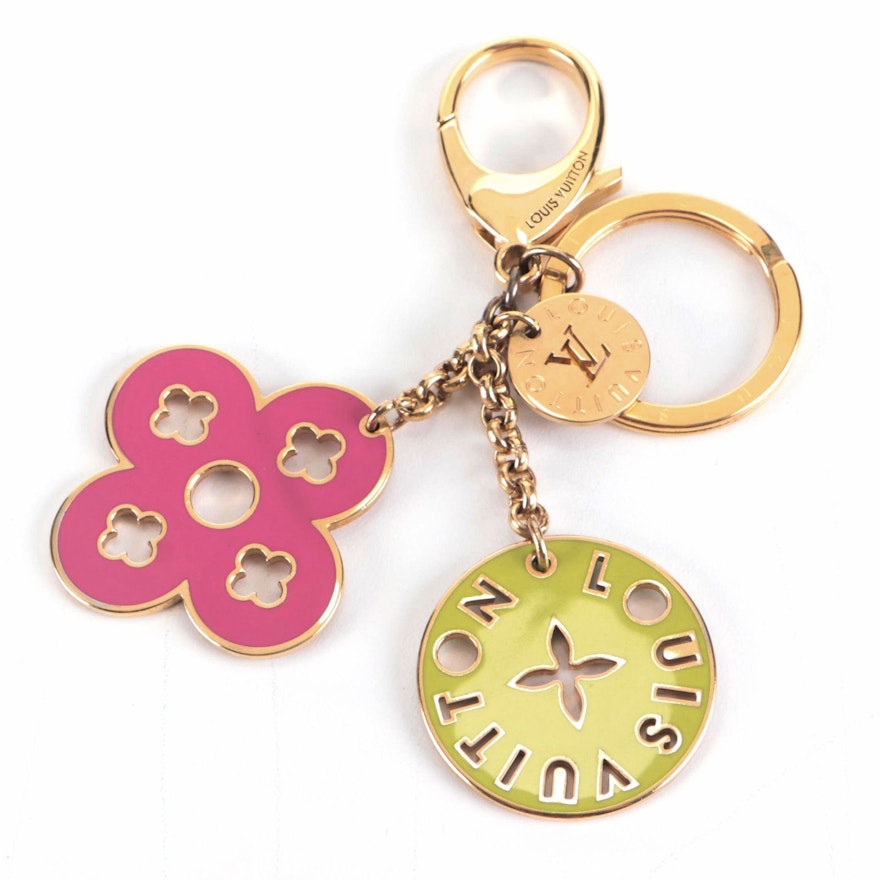 Louis Vuitton Pink-Aqua Green and Gold-Tone Metal Charms Keychain with Box