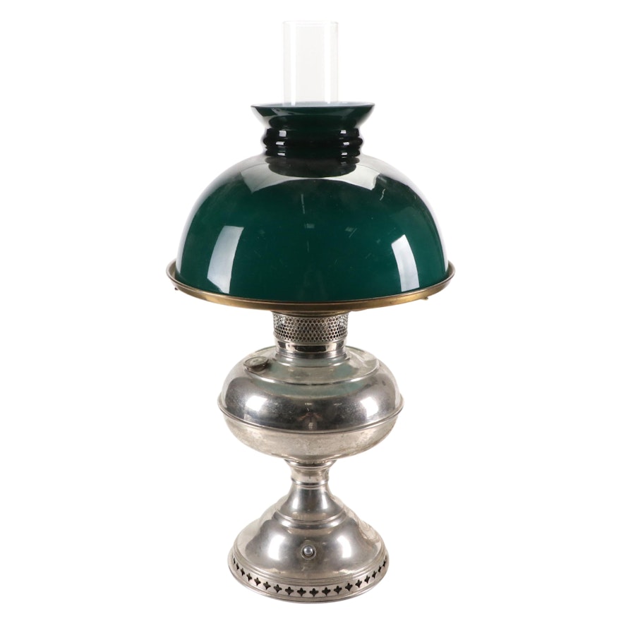 Metal Oil Lamp with Green Cased Glass Shade, Adapted Mid-20th Century