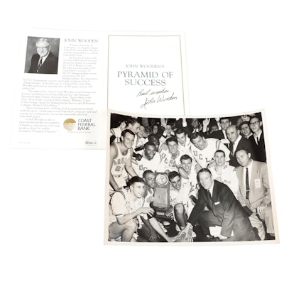John Wooden Signed  'Pyramid of Success" Brochure and UCLA Team Vintage Print