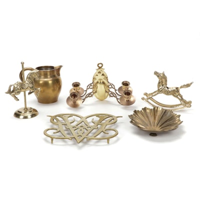 Williamsburg Cast Brass Trivet, Candle Sconces, Shell Bowl, More Brass Figurines