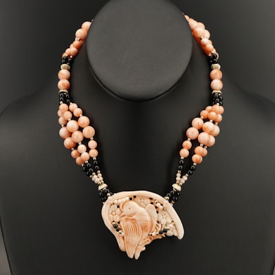 Sterling Carved Coral and Black Onyx Bird Necklace