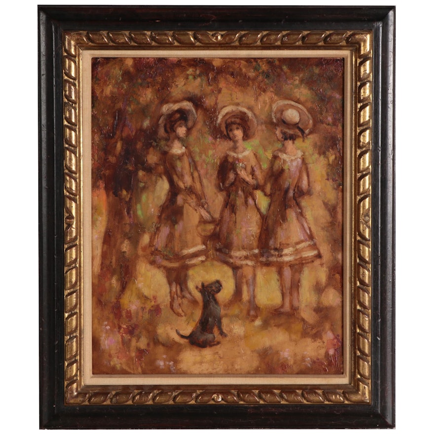 Impressionistic Oil Painting of Three Girls and a Scottish Terrier