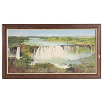 H.P. Leighton Landscape Oil Painting of Fesissat Falls, Late 20th Century