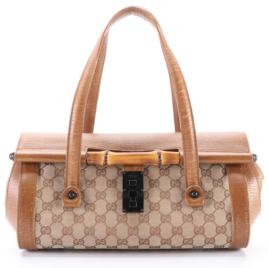Gucci Bamboo Bullet Handbag in Tan GG Canvas and Brown Leather