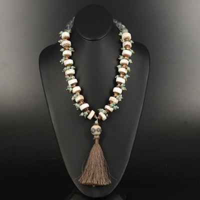 Tassel Necklace with Fluorite, Shell and Millefiori Accent Bead