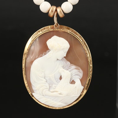 Antique 18K Shell Cameo Pendant on Howlite Beaded Necklace